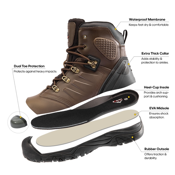 Men's Waterproof Steel Toe Cap Work Boots - DARK BROWN - 4